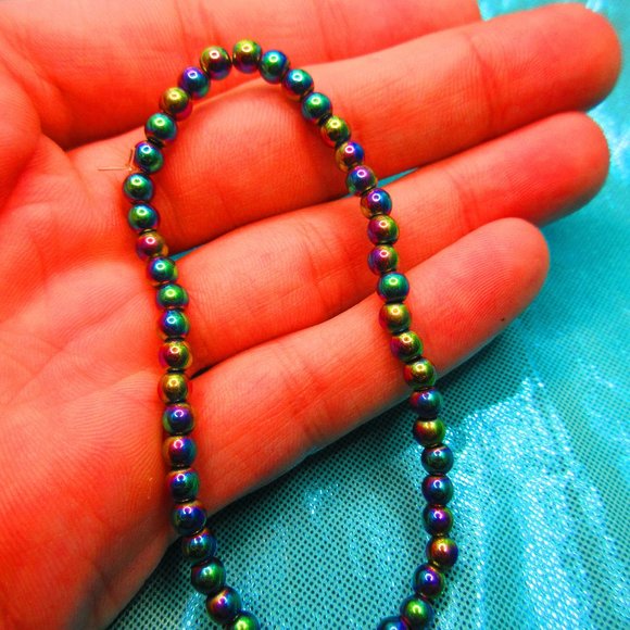 Rainbow Titanium Hematite 4mm Round 7" Stretchy Gemstone Bracelet - Picture 1 of 3